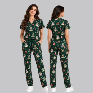 Alternative view of Festive Christmas Trees & Ornaments Print Scrubs | Men and Women