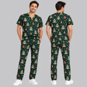 Festive Christmas Trees & Ornaments Print Scrubs | Men and Women - Image 3