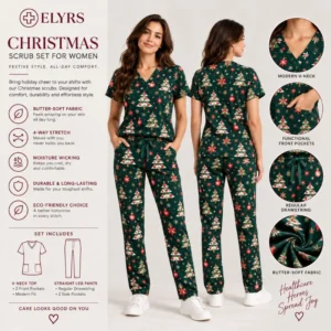 Festive Christmas Trees & Ornaments Print Scrubs | Men and Women