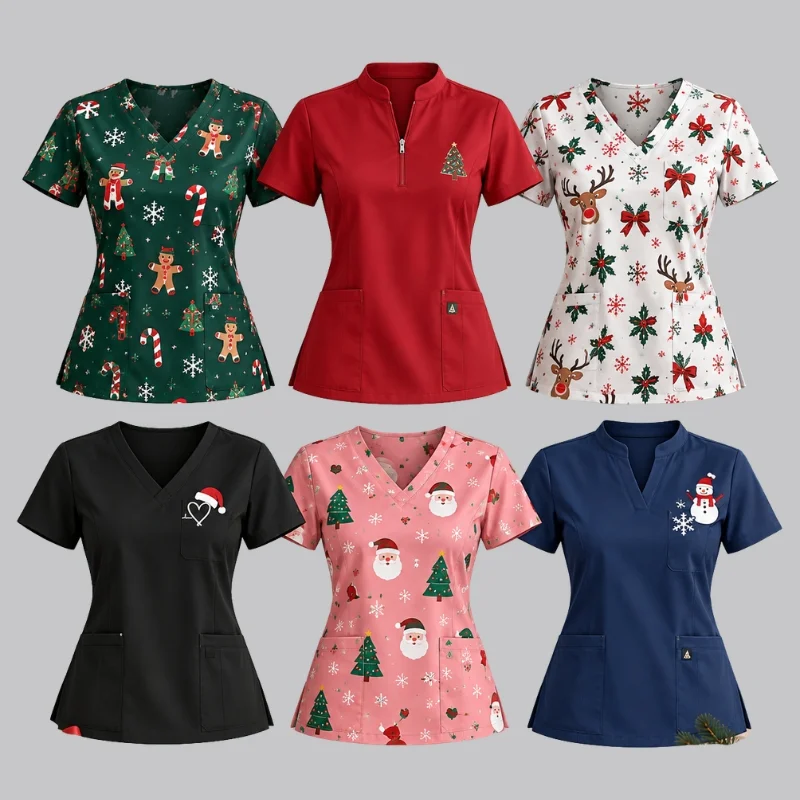 womens Christmas scrub tops , multiple holiday prints